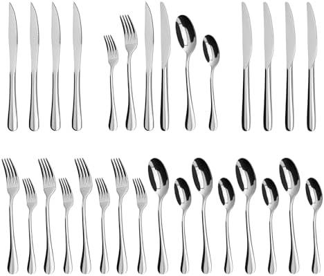 24-Piece Silverware Set with Steak Knives,Flatware Set for 4, Foo...
