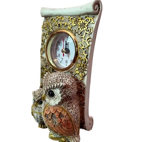Image of Decorative Owl Figurine Table Clock, Resin, Quartz, Antique Gold Finish, Home Decor