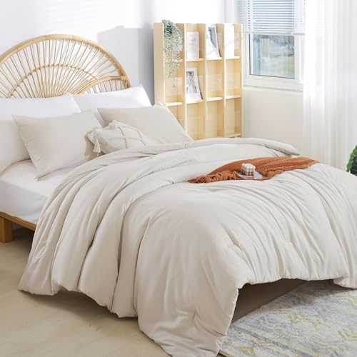 Image of weigelia Beige Comforter Queen Size 3PCS Bed Comforter with 2 Pillowcases - Ligtweight Soft Solid All Season Queen Comforter Bed Set - Boho Aesthetic Bedding Set for Men and Women