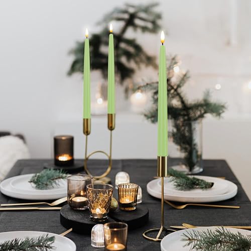 Image of CVHOMEDECO. Flameless Taper Candles with 10-Key Remote, Battery Operated Led Flickering 3D Wick Window Candles Real Wax Finished Home Christmas Party Decor 0.78 x 11 Inch, Pack of 3, Light Green