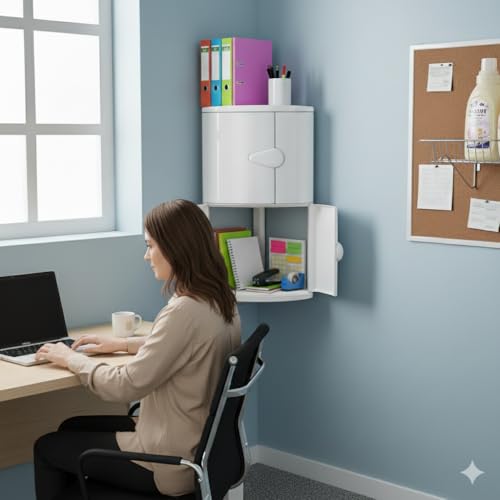 Image of BRANCO Double Door Corner Wall Mounted Multipurpose Bathroom Cabinet with Double Door Shelf Organizer (Ivory)