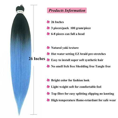Upruyo Light Blue Ombre Braiding Hair Pre Stretched 26 Inch Prestretched Braiding Hair Ombre Kanekalon Colored Synthetic Hair Extensions For Braiding Hypoallergenic Knotless Braiding Hair (3 Packs) #TOP1