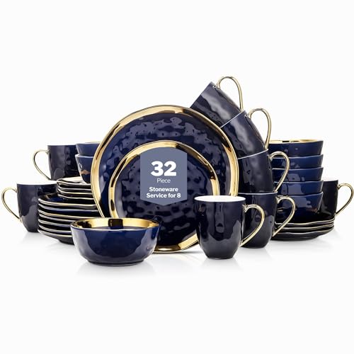 Image of Stone Lain Florian Modern Porcelain Dish Set, 32-Piece Dishes for 8, Gold and Blue