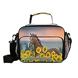 Horse Sunflowers Lunch Box Girls, Lunch Bag for Kids School Insulated Tote Bag Cooler Tote with Adju