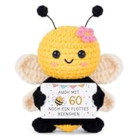 Gleevara 60 Geburtstag Frau - Handgehäkelte Bienenfigur mit Energiekarte, Geschenk zum 60 Geburtstag für Mama Oma, Geburtstagsgeschenke für Beste Freundin Kollegen