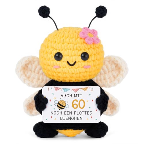 Gleevara 60 Geburtstag Frau - Handgehäkelte Bienenfigur mit Energiekarte Geschenk zum 60 Geburtstag für Mama Oma Geburtstagsgeschenke für Beste Freundin Kollegen