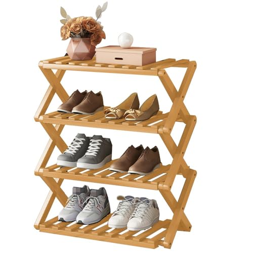 Scarpiera a 4 ripiani in bambù, pieghevole, autoportante, per ingresso, armadio, bagno e soggiorno, elegante per scarpe e attrezzatura da campeggio