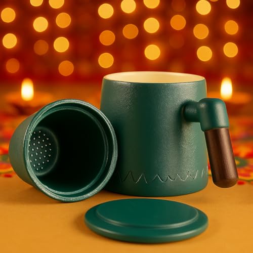 Image of Udyan Tea Infuser Mug | Ceramic Made Mug with Removable Infuser & Mesh Filter | Stylish Design with Easy Grip & Pouring (Forest Green)