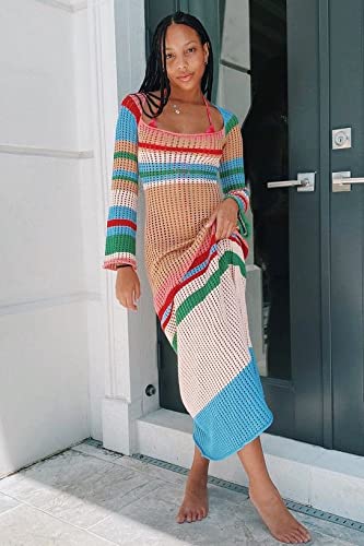 Nufiwi Women Ribbed Knit Maxi Dress Sleeveless Cutout Knitted Long Dress Crochet Backless Spaghetti Strap Bodycon Dresses(Colorful Patchwork,S) #TOP2