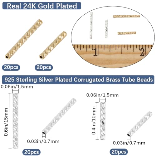 CREATCABIN 80Pcs Tube Beads Long Noodle Beads Metal Loose Beads Straight Twist Spacer Bead 18K Gold & 925 Sterling Silver Plated Brass Corrugated Tube Beads for DIY Jewelry Making Accessories 2Size - Image 2