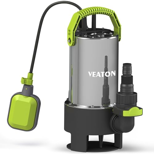 VEATON Portable Submersible Pump 1100W 20000 L/H, Stainless Steel Dirty Water Pump Automatic/Manual Operation by Float Switch, Water Transfer Drainage Pump for Basement Pond Garden Pool Hot Tub