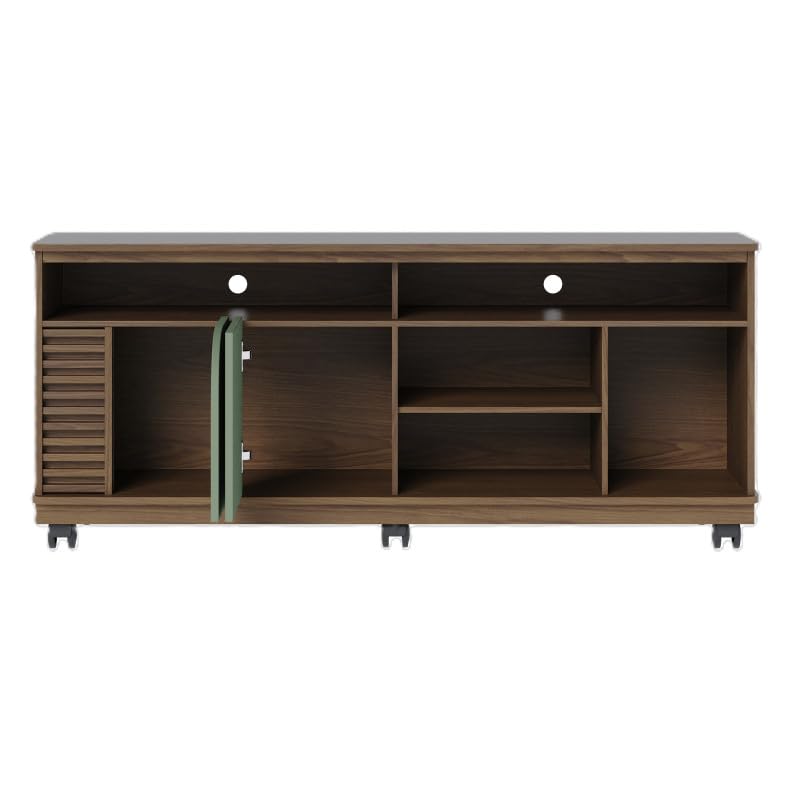 Meuble TV 65 Pouces Vert Olive et Chêne 2 Portes 7 Niches roulettes L 150 H 63.2 P 39.3 cm