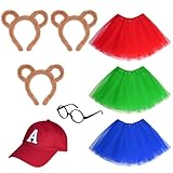 Yolyoo 8 Pieces Chipmunks Costumes Set Include 3 Chipmunk Ears Headband 3 Tutu Dress 1 Black Round Frame Glasses for Halloween Party Animal Costume Accessories