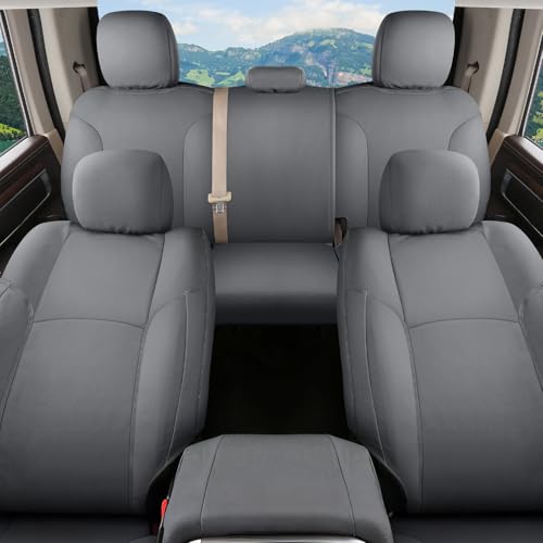 Image of Coverado Chevy Silverado Waterproof Canvas Seat Covers Full Set, Fit for 2014-2018 1500, 2015-2019 2500HD 3500HD Chevy Silverado GMC Sierra Crew Double Extended Cab (Flat Front&Curved Rear, Gray)