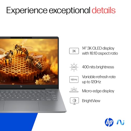 Image of HP OmniBook 7 OLED (Previously Pavilion Plus), Intel Core Ultra 7 255H (32GB LPDDR5,1TB SSD) 3K,0.2 ms, 14'' /35.6cm, Win11, M365, Office24, Meteor Silver,1.5kg, fr0116TU, 5MP Camera, Backlit AI Laptop