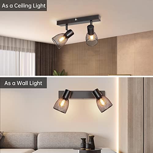 Dehobo Ceiling Lights spotlights, Kitchen Spotlight Ceiling bar in Matt Black, 2 Way Ceiling Light Adjustable with Metal mesh Shades, spot Light Fittings Ceilings with E14 Base for Lounge Bedroom