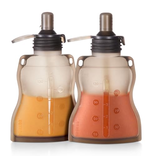 Image of haakaa Silicone Refillable Squeezy Baby Food Yummy Pouch Homemade Organic Food for Babies/Toddlers/Kids, 2 Pack 4 oz, Grey