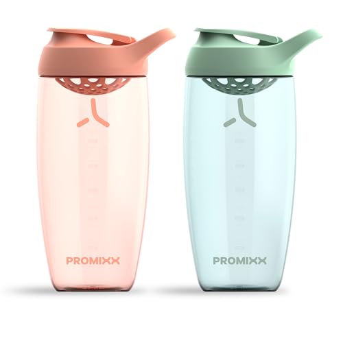 Promixx PURSUIT Protein Shaker Bottle 2-Pack – Premium Sports Shaker Bottles for Protein Mixes and Supplement Shakes – Coral, Seagrass Green, 700ml