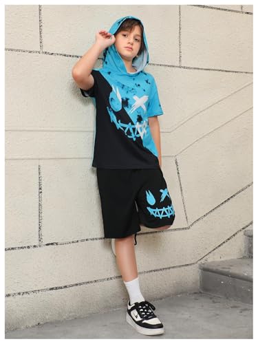 Image of WDIRARA Boy's Two Piece Graphic Print Hooded Neck Tops and Track Shorts Clothing Set