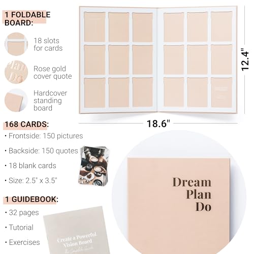 Vision Board Kit for Women - 168 Cards with Premium Pictures & Quotes, Foldable Board & Guide Book | Complete Manifestation Clip Art Craft Supplies for Adults | Original Dream Plan Do All-in-One Kit