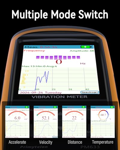 PM633B Digital Vibration Meter, Measurement Analysis Mechanical Equipment Vibration Frequency, Acceleration, Velocity, Displacement, Temperature for Motors, HVAC, Engines, Generator, Pumps (PM633B)