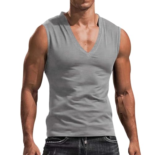 Camiseta de cuerpo para hombre – Camiseta sin mangas – Cuello en V – Camiseta ligera – Casual – Chaleco de verano – Bodybuilding – Camiseta deportiva – Transpirable y cómoda, gris, XL