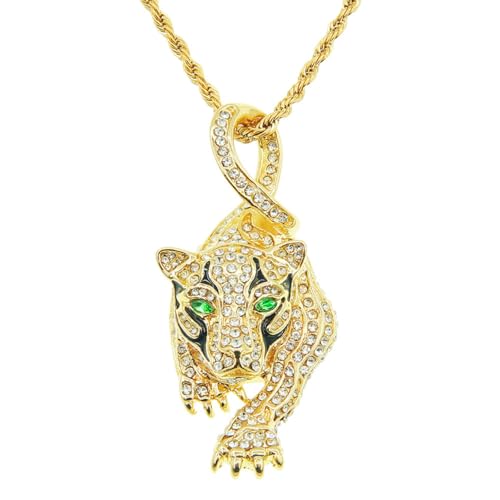 Crawling Leopard Chain for men Iced Out Animal Pendant for men Necklace Green Eyes Panther Necklace Hip Hop Iced Out Chain Sports Star Pendant Rap Punk Rock Clubs CZ Diamond Bling men jewelry Cuban Link chain for men sports gifts for men