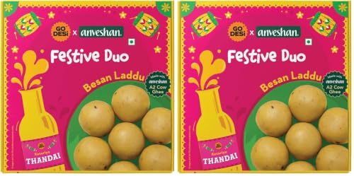 Image of GO DESi Festive Duo Holi Gift Box | Besan Laddu and Thandai Combo | Made With Bilona-Churned A2 Ghee from Anveshan | Holi Sweets | Holi Gifting (Pack of 2)