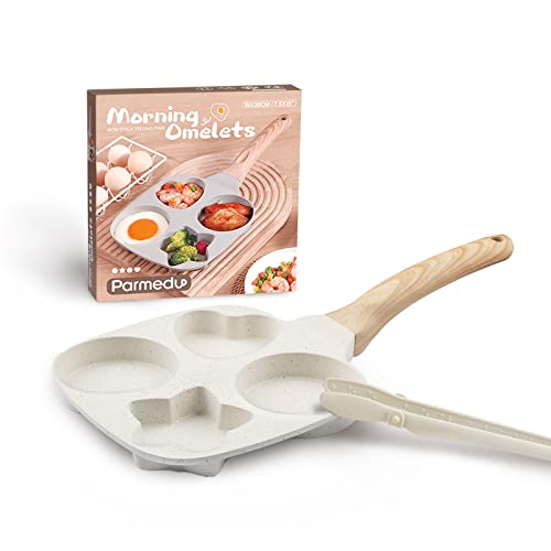 Parmedu Juego de Sartenes para Huevos Antiadherentes de 4 Tazas con Pinzas de Cocina de Silicona – Sartén para Panqueques y Tortillas de Aluminio Fundido para Desayuno, Gas, Compatible, Blanco