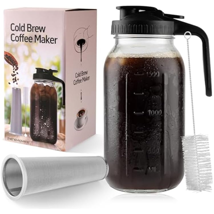 Cold Brew Coffee Maker, 64 oz Glass Pitcher with Mesh Filter, 2 Quart Mason Jar with Lid