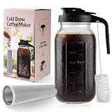 Cold Brew Coffee Maker, 64 oz Glass Pitcher with Mesh Filter, 2 Quart Mason Jar with Lid