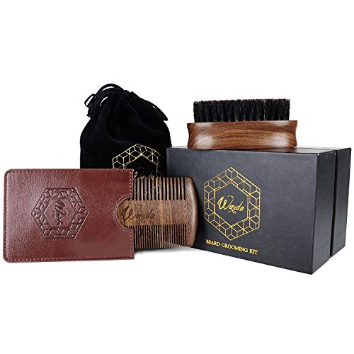 Beard Brush & Comb Kit Wenida Natural Boar Bristles Black Gold Sandalwood Mustaches Hair Grooming Tool