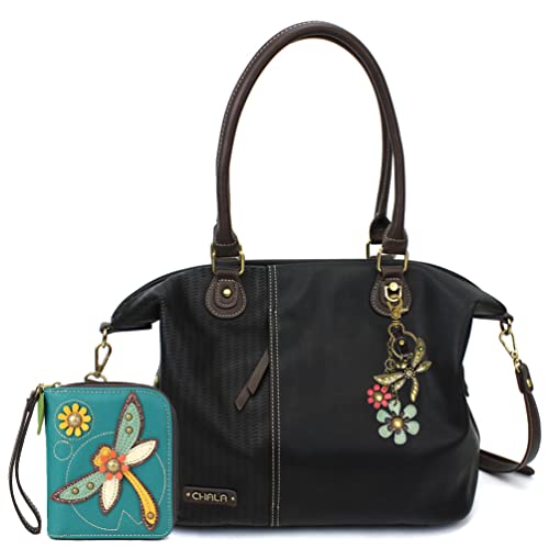 Chala Handbags LaserCut Totes Shoulder Purse with Matching Wallet Gift Set (Black_ Metal Dragonfly & Dragonfly Wallet)