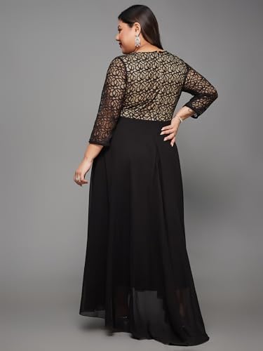 Image of Miss Chase A+ Women's Floral Printed Relaxed Fit V -Neck 3 /4Th Sleeve Georgette Maxi Dress