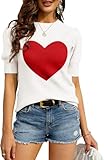 Bodosalia Heart Sweater for Women Puff Short Sleeve Pullover Tops Casual Summer Crew Neck Ribbed Knit Sweater Blouse
