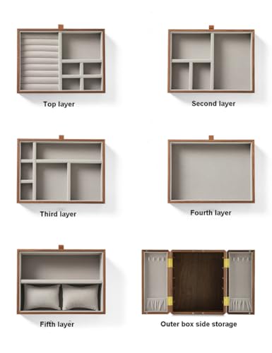 NHDVDVAV Joyero rústico de Madera, Vitrina de Madera de Nogal Negro, Organizador de Joyas de 5 Niveles para Pendientes, Anillos, Pulseras, Mujeres y niñas - imagen 3