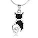 925 Sterling Silver Inlay Cat Pet Lover Black Enamel Pendant Necklace for Women, 18" Chain