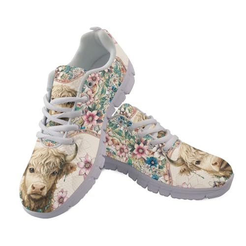 UOIMAG Boho Highland Cow Shoes for Women Lace Up Art Mandala Floral Sneakers EU45