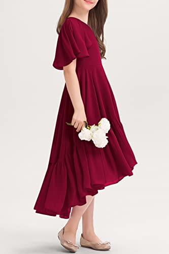 Girls Ruffle Dresses Casual A Line V Neck Short Sleeve Flowy High Low Long Maxi Junior Bridesmaid Party Dress Red #TOP2