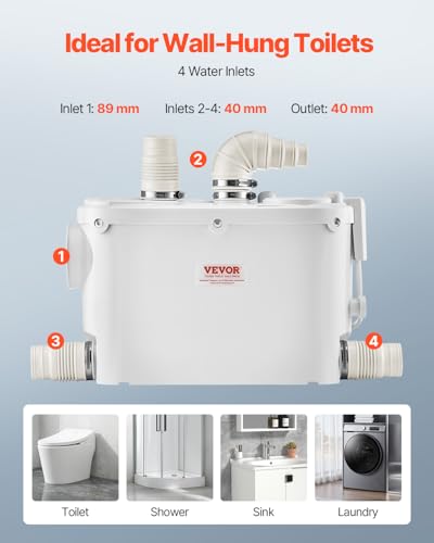 Image of VEVOR Macerator Pump, 500W, 29 GPM Flow, 26 ft /8 m Head, Macerator Wall-Hung Toilet Pump with 4 Water Inlets, Waste Water Disposal Upflush Machine for Toilet, Basement, Shower, Sink, Laundry, Bathtub