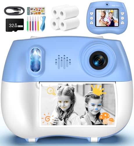 Kids Camera Instant Print - Front Rear Dual Selfie Kid Camera, Fun Birthday Gift for Girls Boys Ages 3-12, HD Digital Video Cameras, Easy to Use for Toddler 3 4 5 6 7 8 9 10 Year Old - Blue