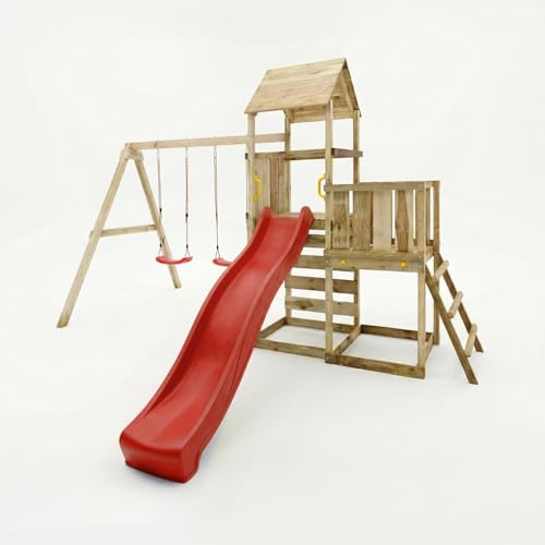 Juego de jardín de madera Maxplay 3.2 con torre de 2 niveles, tobogán de 2,2 m, doble columpio y pared de escalada – Parque de juegos completo con arena, 356 x 395 x 262 cm, madera impregnada (rojo)