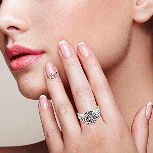 Mandala Chakra Ring Yoga Lotus Flower Rings for Women Sterling Silver Healing Crystal 7 Chakra Balance Jewelry Gifts4