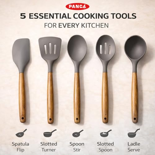 Image of PANCA Non-Stick Silicone Spatula & Spoon Set (5 Pcs) | Heat Resistant Cooking Utensil Set with Wooden Handle | BPA Free Kitchen Tools for Non-Stick Cookware, Mixing, Serving & Cooking (Grey)