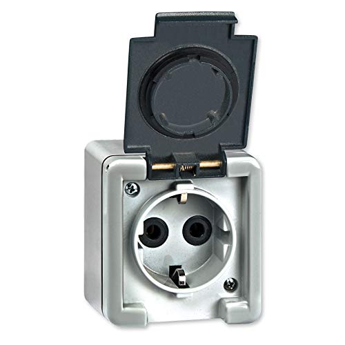 Aufputz Schutzkontakt Steckdose 16A/250V~ / IP55 (Metallausführung) Grau mit Klappe in Anthrazit Cover