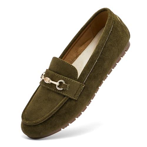 BGSTGUDS Women's Wide Loafers Shoes Cute Dressy Shoes Ladies Comfort Slip Ons Work Shoes, Olive Green, Size 10W