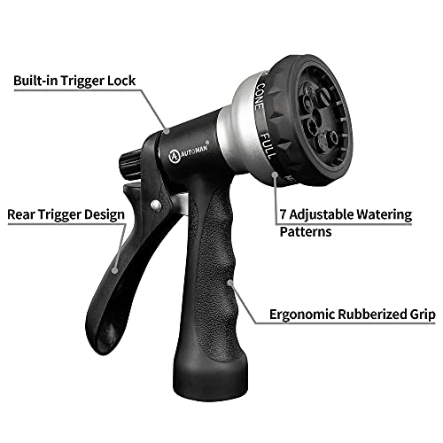 Image of AUTOMAN-Garden-Hose-Nozzle, ABS Water Spray Nozzle, 7 Adjustable Watering Patterns, Slip Resistant for Watering Plants, Lawn& Garden, Washing Cars, Cleaning, Showering Pets & Outdoor Fun.Silver Color
