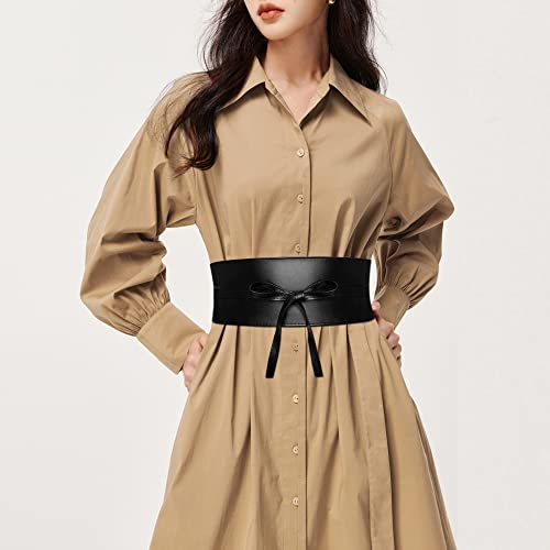 Womens Faux Leather Wide Black Cinch Belt Waistband Lace Up Wrap Around Obi Bowknot #TOP2