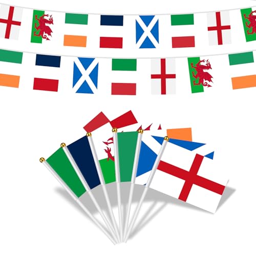 AhfuLife 18 bandiere di sei paesi su bastoncini, per decorazione di feste di rugby, bandiere con asta bianca, bandiere portatili di Inghilterra, Scozia, Galles, Irlanda, Francia, Italia (bandiera e
