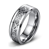 SWOPAN Men's Celtic Dragon Ring 8MM Black Carbon Fiber Silver Celtic Dragon Stainless Steel Wedding Band for Men Women Engagement Bands Polished Beveled Edge Promise Rings Comfort Fit, Silver, Size 9